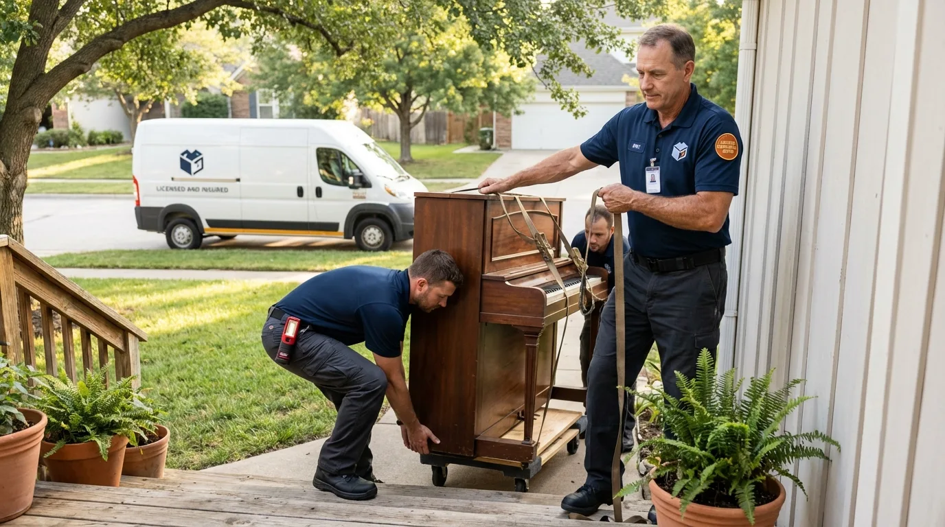 Licensed piano movers securing grand piano in Belle Glade, FL