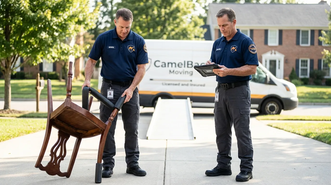 Movers inspecting furniture for damage prevention before loading in Belle Glade, FL